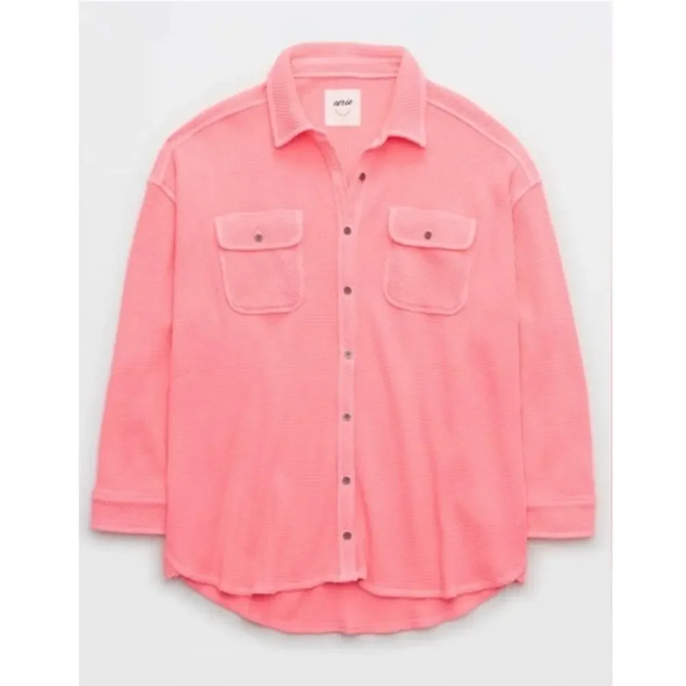 NEW! Aerie 'LumberJane' Waffle Shirt in CORAL SUN (XL) - Picture 4 of 6